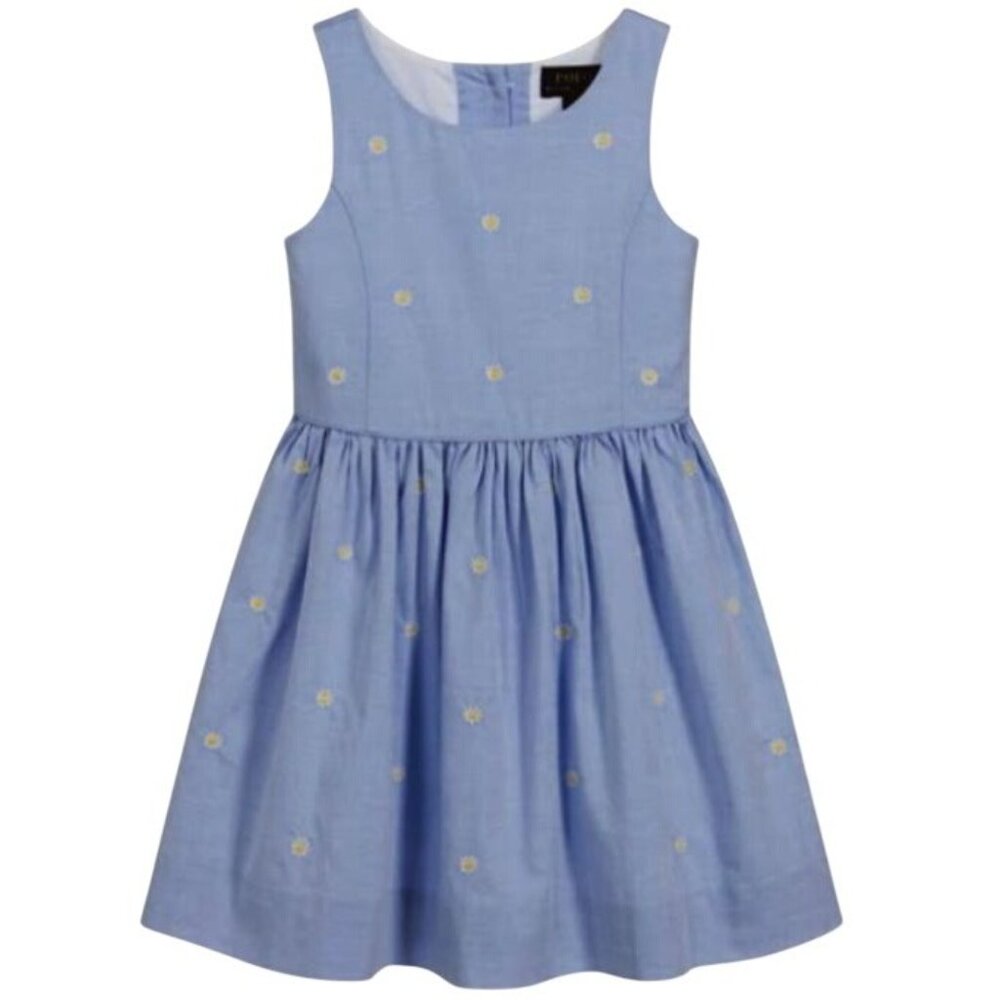 Polo Ralph Lauren Kids Girls Blue Fit And Flare Daisy Oxford Dress Size 7 - Picture 2 of 16